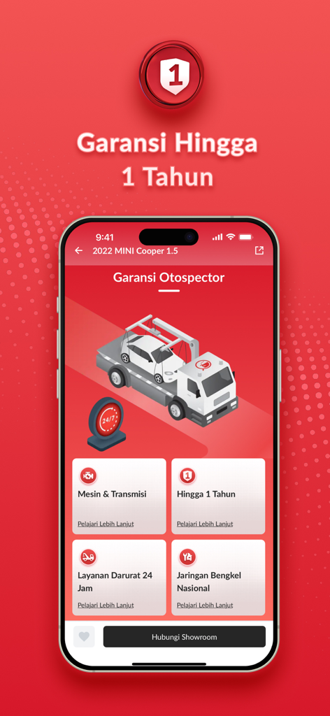 OTOS - Garansi & Bursa Mobil - OTOS app screen showcasing 1 year car warranty and 24 hour emergency roadside assistance