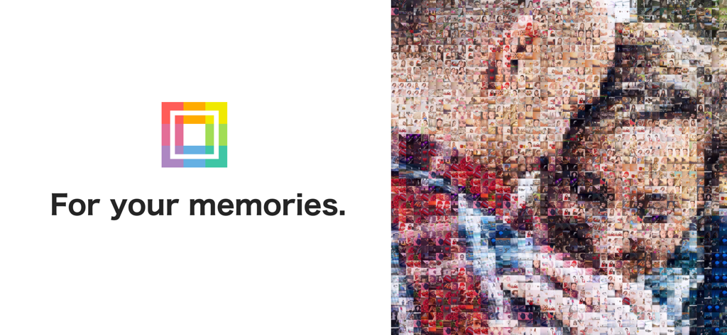 PXL - mosaic art - PXL app logo with the text For your memories next to a large mosaic art portrait made of small photos
