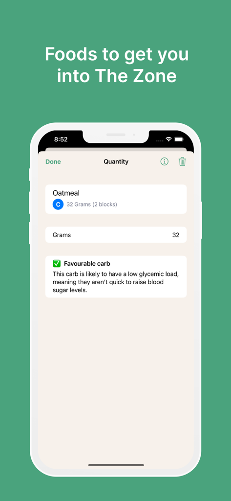 Zone Meal Planner - Interfaz de la aplicación Zone Meal Planner mostrando la cantidad de avena y el cálculo de bloques para la Dieta Zone