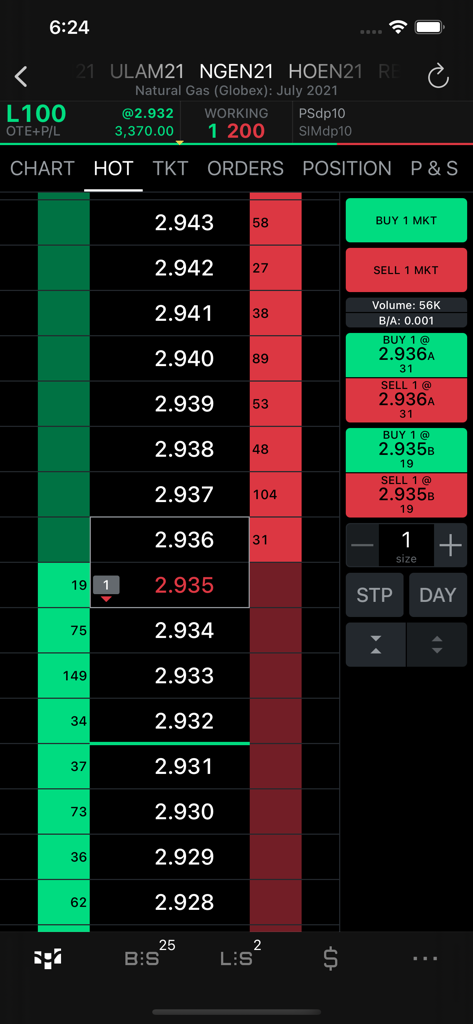 Tela profissional do aplicativo móvel CQG mostrando a profundidade de mercado para negociação de futuros