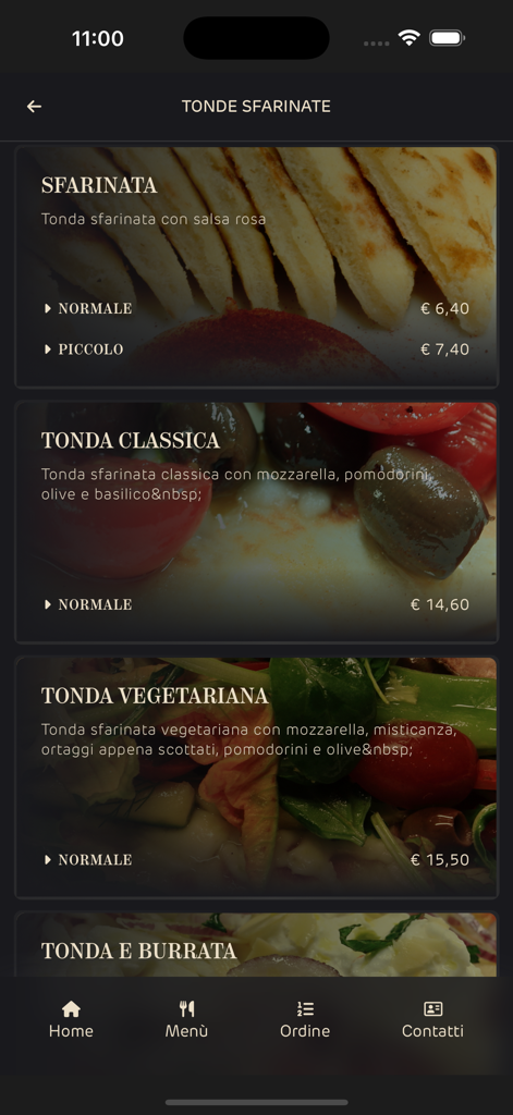 様々なTonde Sfarinateの食品アイテムを表示するカッフェ・コンチェルトアプリのデジタルメニュー。