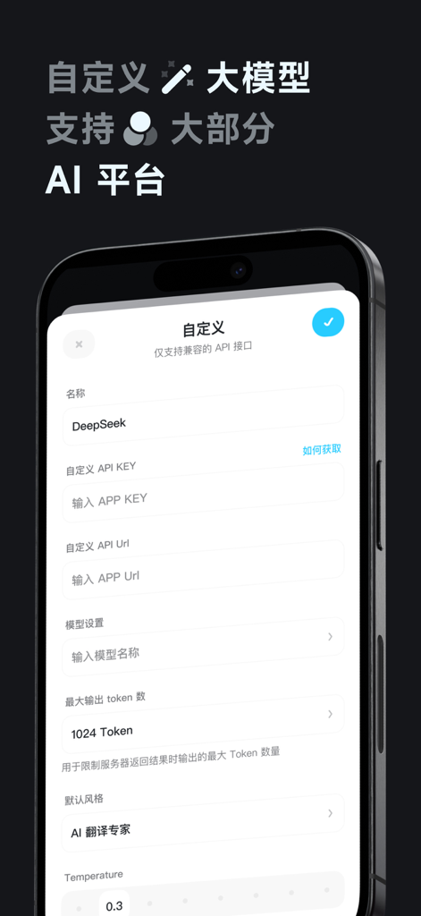 Para Translation app interface showing custom AI model API configuration screen for DeepSeek.