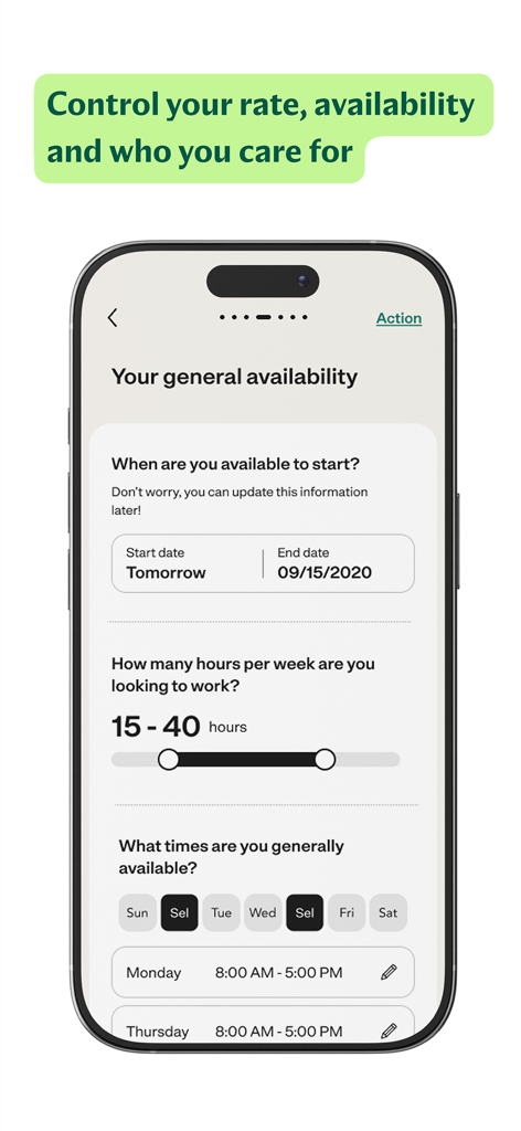 Una pantalla móvil de la aplicación Care.com Cuidadores mostrando la configuración general de disponibilidad, incluyendo fechas de inicio, horas semanales y horarios de trabajo diarios.