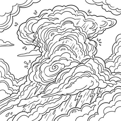 Dive into the power of nature with this detailed cumulonimbus cloud coloring page. Capture the drama of a brewing thunderstorm with rain and lightning as you bring this intricate design to life.