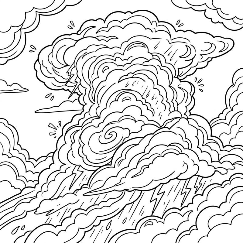 Dive into the power of nature with this detailed cumulonimbus cloud coloring page. Capture the drama of a brewing thunderstorm with rain and lightning as you bring this intricate design to life.