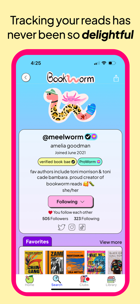 Bookworm Reads - A user profile screen in the Bookworm Reads app showing a customized wormy avatar and a favorite books shelf