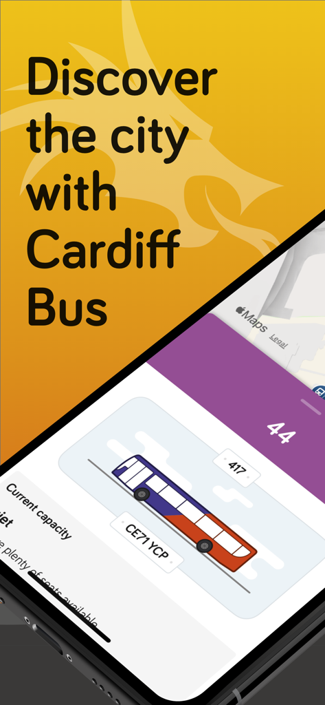 Captura de ecrã da aplicação Cardiff Bus a exibir a capacidade de autocarros ao vivo e um slogan promocional para descobrir a cidade