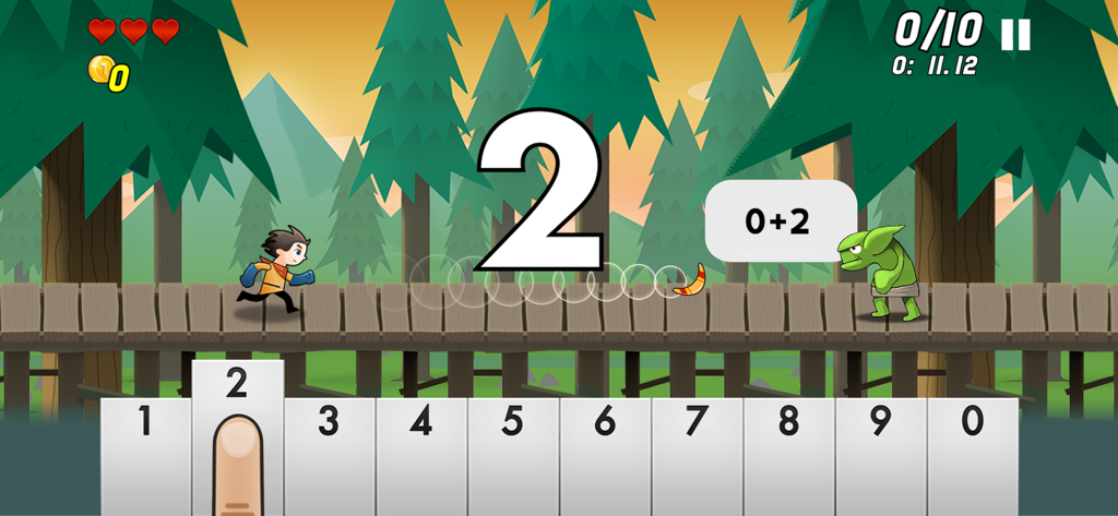 Number Runのゲームプレイ画面。キャラクターが森の中を走りながら足し算の問題を解いている様子。