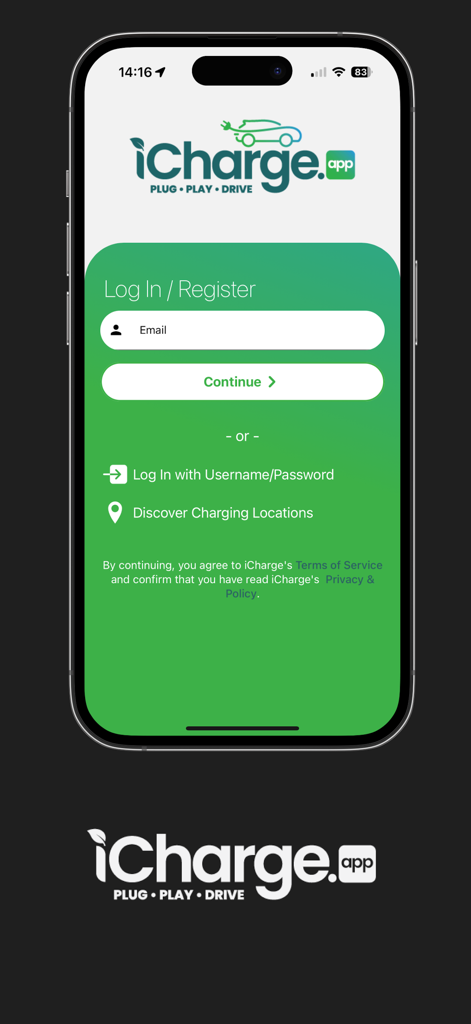 Pantalla de inicio de sesión y registro de iCharge.app para servicios de carga de vehículos eléctricos.
