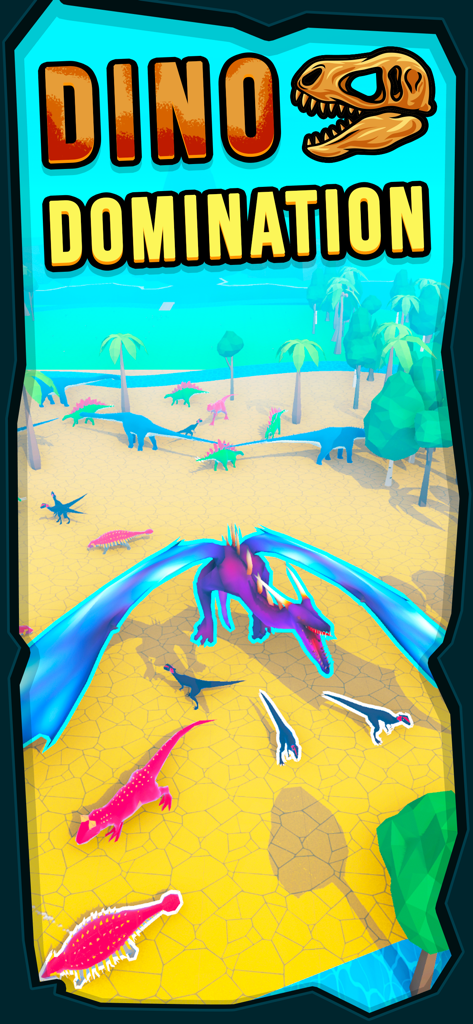 Dino Domination - Dino Domination gameplay showing a large purple winged dinosaur among various smaller colorful dinosaurs on a tropical island environment
