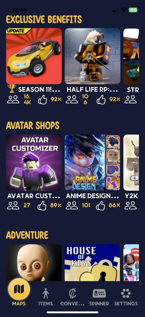 SkinBlox Master: Maps & Items - Interface of the SkinBlox Master app displaying categories for game maps and avatar shops