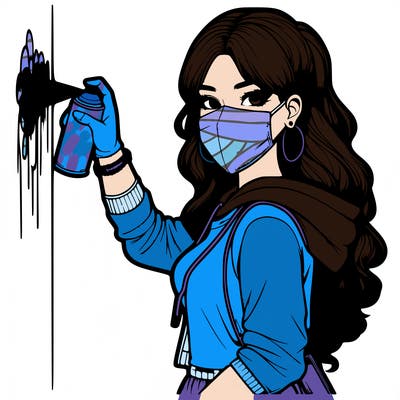 realistic girl with mask spray painting a wall