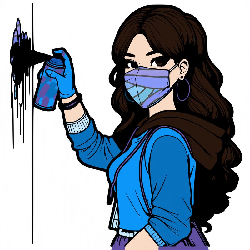 realistic girl with mask spray painting a wall