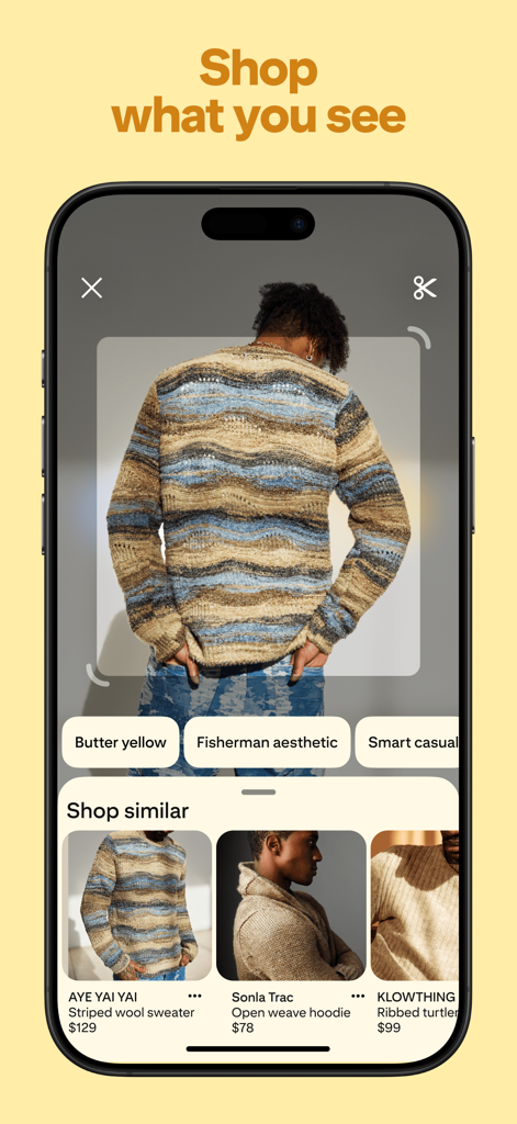 Pinterest mobile app interface showing a visual search feature to shop for similar fashion items based on an image of a man wearing a sweater.