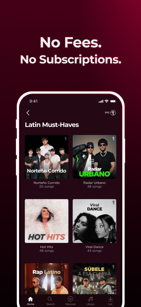 Uforia by TREBEL - Uforia by TREBEL app interface showing various Latin music playlists with a No Fees message