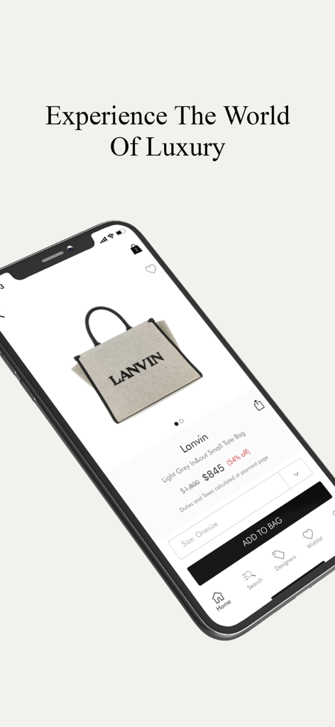 Darveys Luxury Shopping - Mobile app interface of Darveys showing a discounted Lanvin luxury tote bag