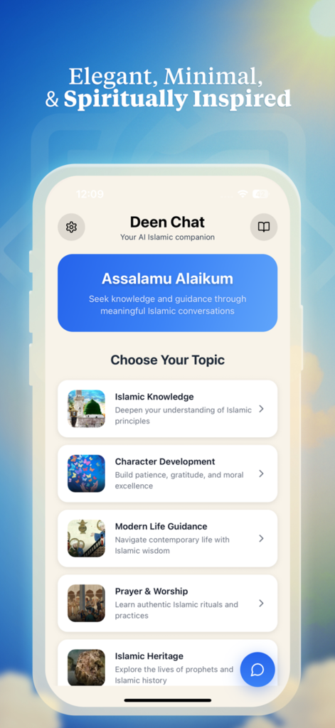 Deen Chat app main screen showing Islamic knowledge topics and a minimalist design.
