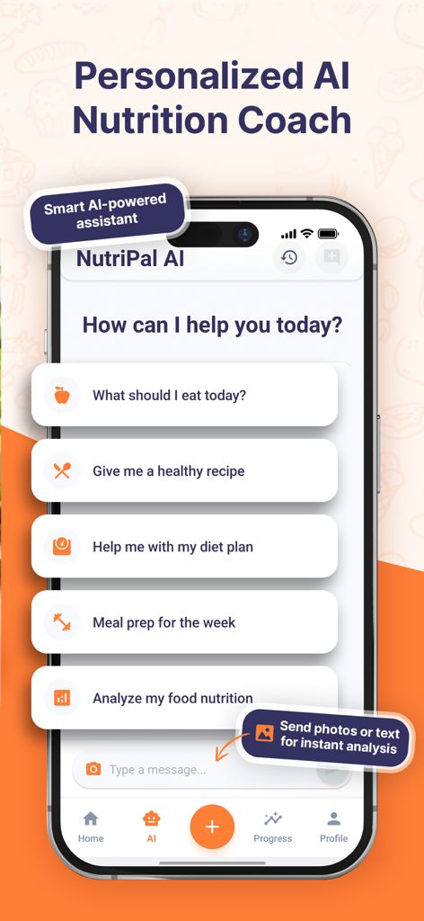 NutriPal: Snap. Track. Thrive. - NutriPal app interface showing the personalized AI nutrition coach with options for meal planning and food analysis