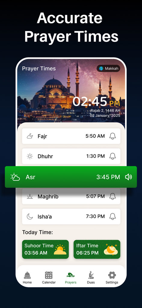 Ramadan Calendar 2025 Pro - Interface showing accurate Islamic prayer times and Suhoor and Iftar timings for Ramadan 2025.