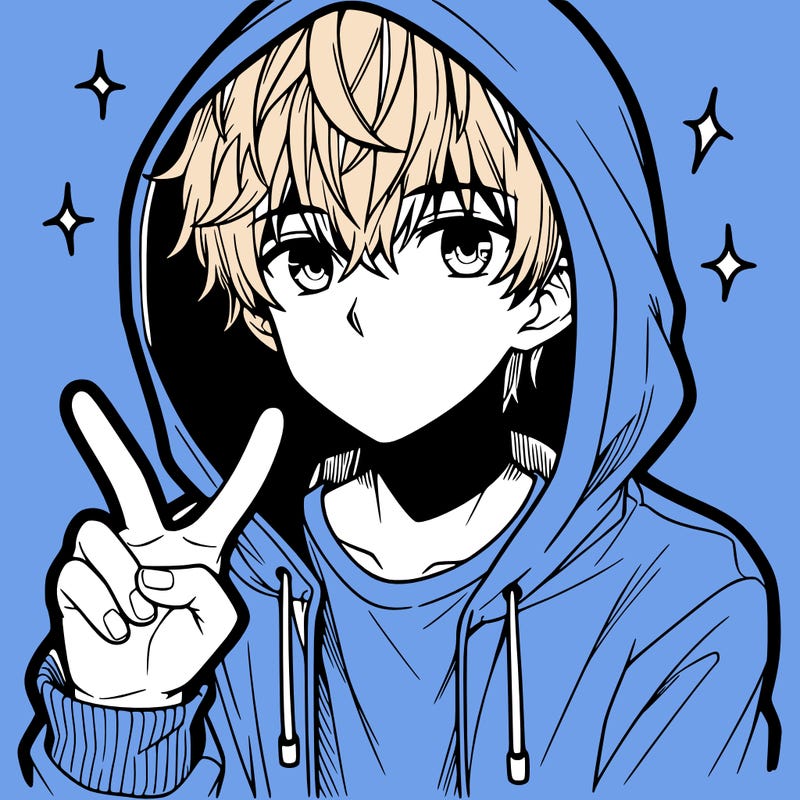teenage manga boy in a hoodie, doing ✌