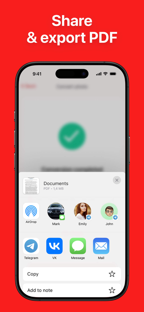 PDF Converter: File & Photo - Una interfaz de aplicación móvil que muestra las opciones para compartir y exportar un documento PDF en un iPhone.