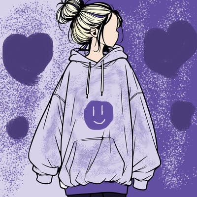 realistic girl with a oversized sweatshirt on and a bun