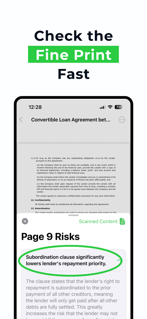 Legal Scan - A mobile interface of Legal Scan app identifying a subordination clause risk in a loan agreement.