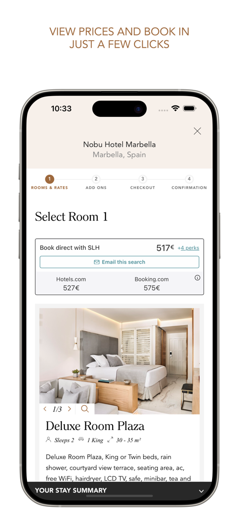 Small Luxury Hotels - Room booking interface in the Small Luxury Hotels app showing a deluxe room at Nobu Hotel Marbella.