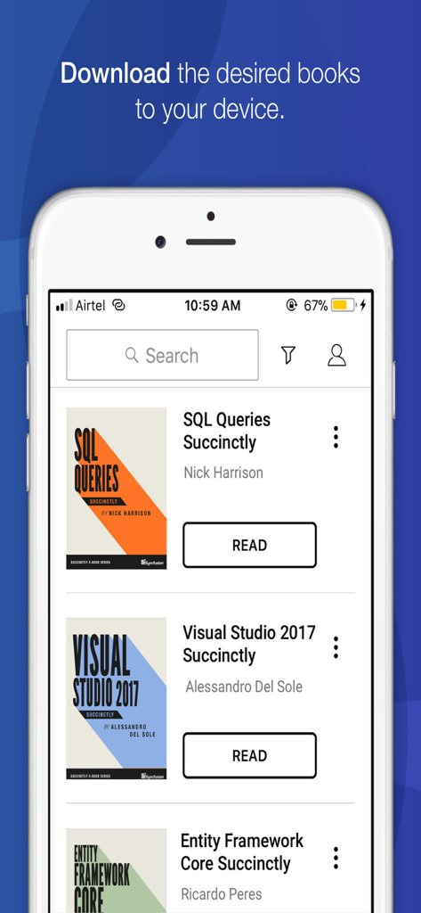 Mobile app screen showing a library of technical ebooks including SQL and Visual Studio with a search bar