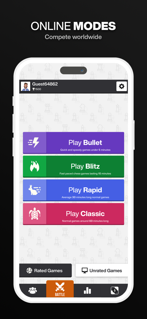 Royal Chess App-Oberfläche, die mehrere Spielmodi zeigt, darunter Bullet, Blitz, Rapid und Klassisch.