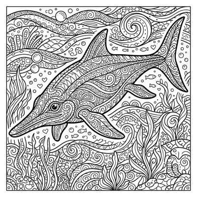 Unleash your creativity with this unique Platypterygius Zentangle coloring page, featuring the ancient marine reptile amidst a sea of intricate patterns. Discover a meditative coloring experience as you bring this prehistoric ocean scene to life.