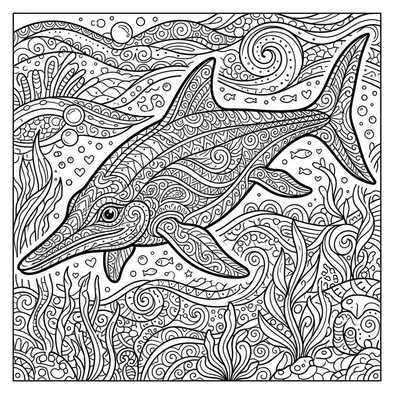 Unleash your creativity with this unique Platypterygius Zentangle coloring page, featuring the ancient marine reptile amidst a sea of intricate patterns. Discover a meditative coloring experience as you bring this prehistoric ocean scene to life.