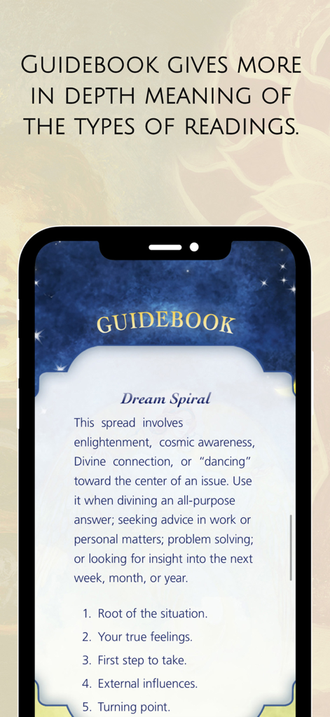 Angel Dreams Oracle Cards - Ein Smartphone-Bildschirm, der den Ratgeberbereich der Angel Dreams Oracle Cards App mit der Traumspirale-Legung anzeigt.