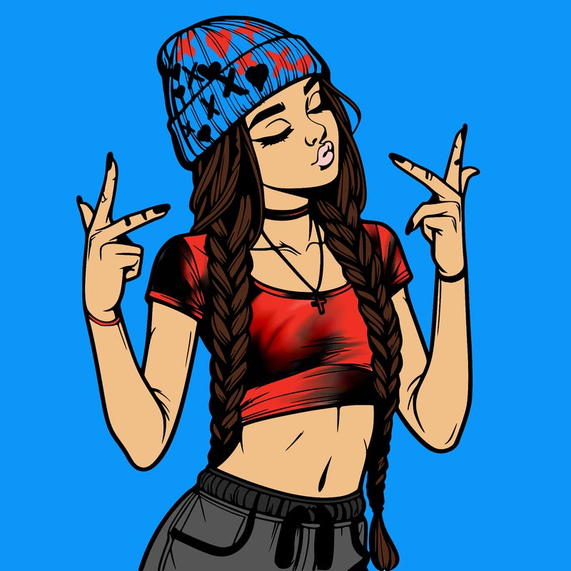 realistic teenage girl with braids and a beanie and crop top doing 🫶🏼