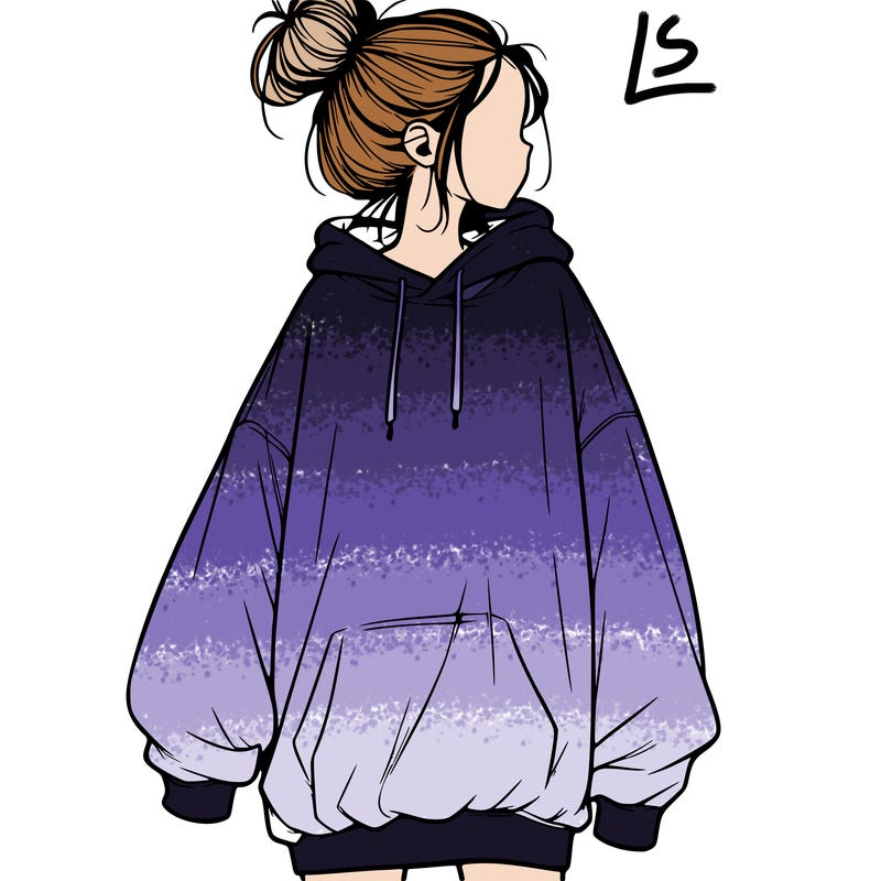 realistic girl with a oversized sweatshirt on and a bun