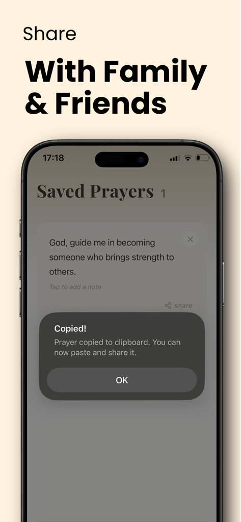 Daily Bible Verse: HolyWord - La pantalla de un smartphone que muestra una oración guardada en la aplicación HolyWord con una confirmación de que ha sido copiada al portapapeles para compartirla.