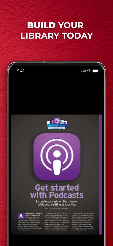 MacFormat - Smartphone displaying a beginner guide article for Apple Podcasts in the MacFormat magazine app