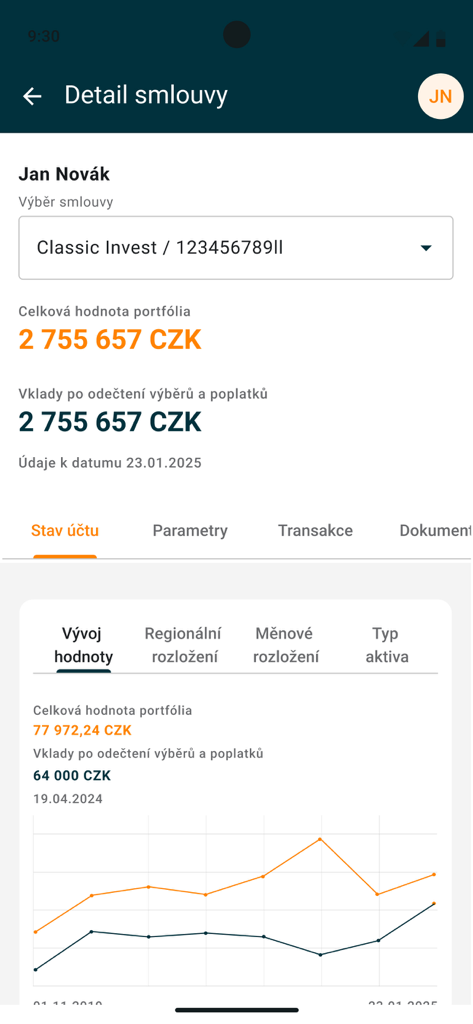 Interface do aplicativo My Conseq 2.0 exibindo detalhes do contrato de investimento e um gráfico de crescimento de desempenho