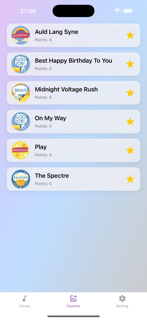Una lista de canciones favoritas en el juego musical EDM de Pop Piano que muestra títulos de pistas y calificaciones de estrellas