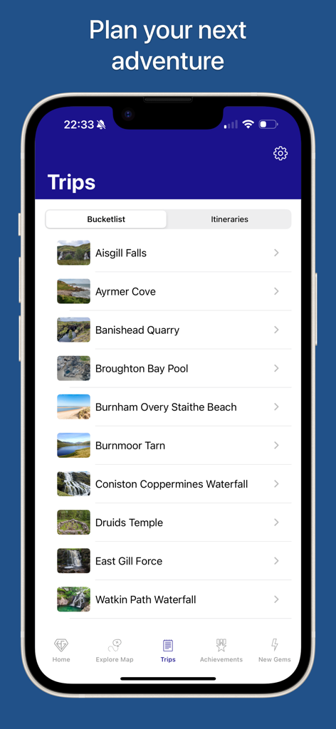 UK Hidden Gems - Smartphone screen showing a personalized travel bucket list of hidden locations in the United Kingdom