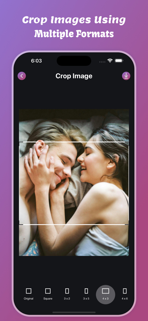 Motion Blur Effect - Motion Blur Effect app interface showing the image cropping tool with multiple aspect ratio formats for a photo of a couple