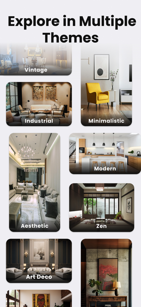 AI Interior Design - Interia - Uma colagem de diversos temas de design de interiores, incluindo estilos Minimalista, Industrial, Zen e Moderno apresentados no aplicativo Interia.