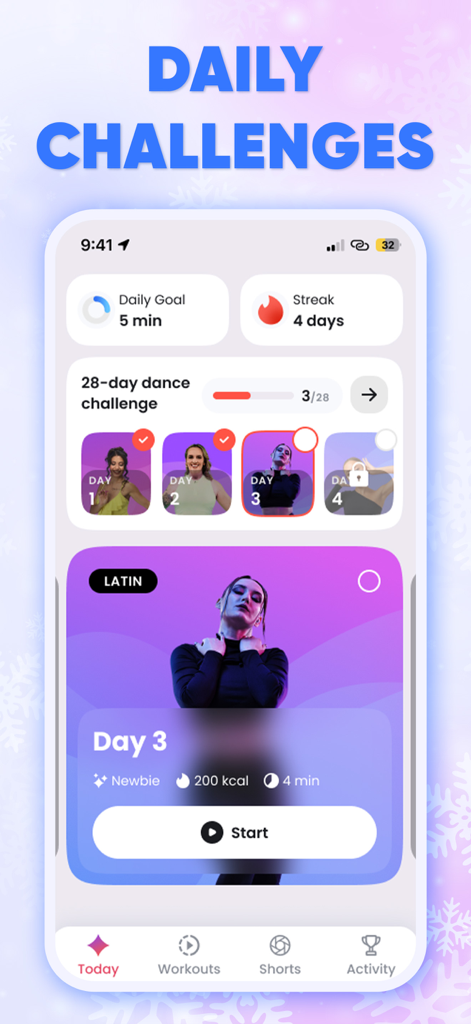 Dancebit app screen displaying daily dance goals and progress on a 28 day challenge