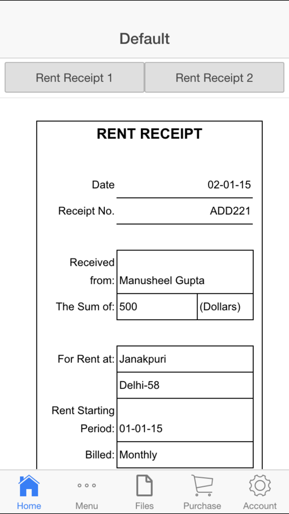 Rent Receipt - A digital rent receipt form within a mobile app showing payment information and tenant details.