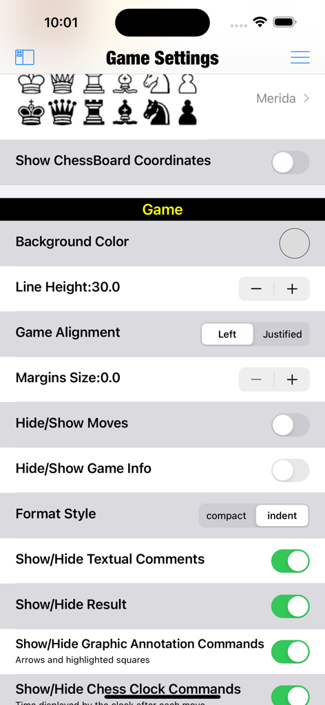 Chess Studio Lite - Game settings menu in the Chess Studio Lite app showing customization options for piece styles, board coordinates, and layout.