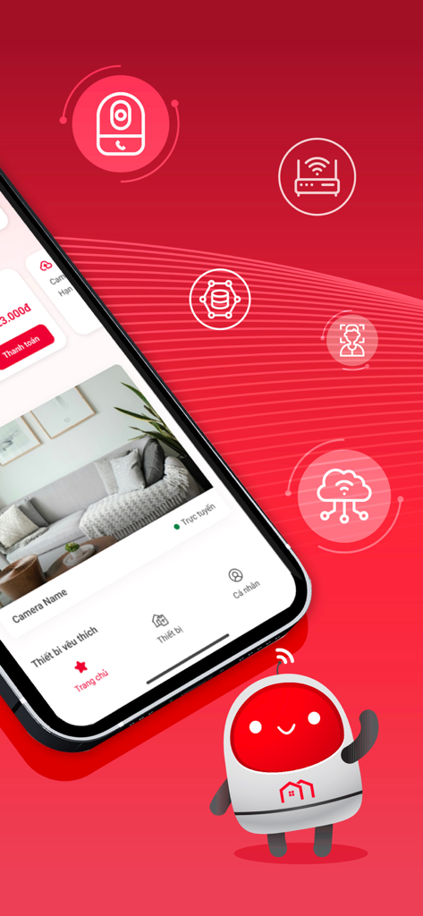 Viettel Home - Smartphone displaying the Viettel Home app interface with a living room camera feed and smart home technology icons