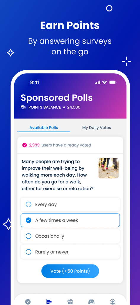 Toluna Influencers app interface showing a sponsored poll to earn points by answering a question about walking habits.
