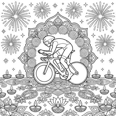 Experience a unique blend of athleticism and cultural festivity with this time trial cyclist and Diwali-themed coloring page. This intricate design offers a joyful and challenging coloring experience for all ages.
