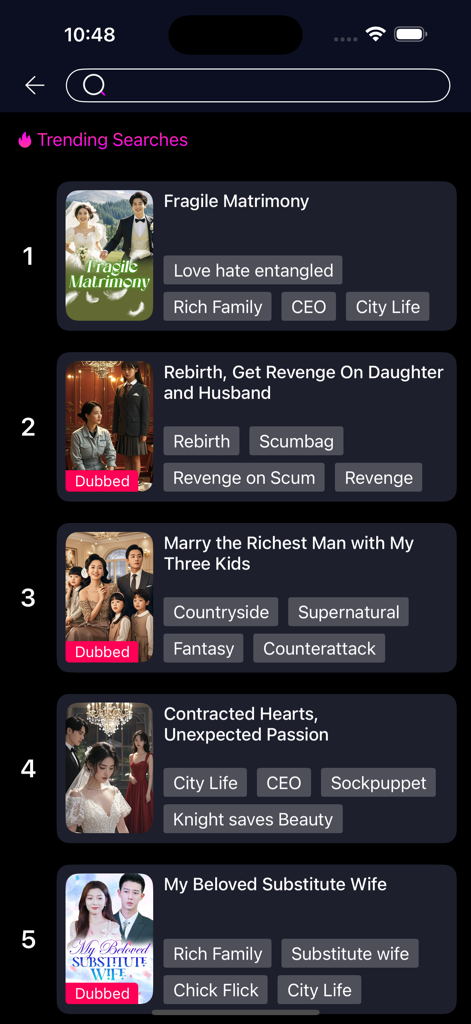 Una lista de los dramas cortos más populares en YuzuDrama con títulos como 'Fragile Matrimony' y 'Rebirth Revenge'