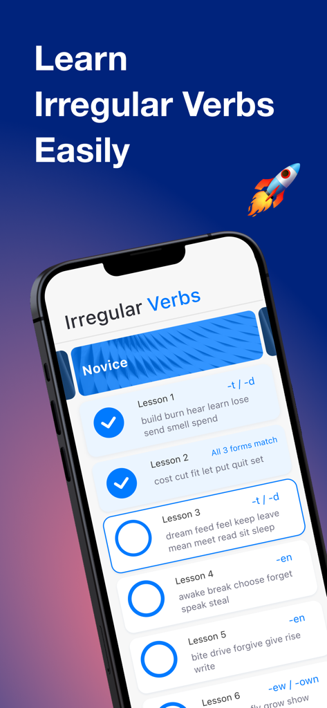 English Verbs: Learn Grammar - Pantalla de smartphone que muestra lecciones de verbos irregulares en inglés para principiantes.